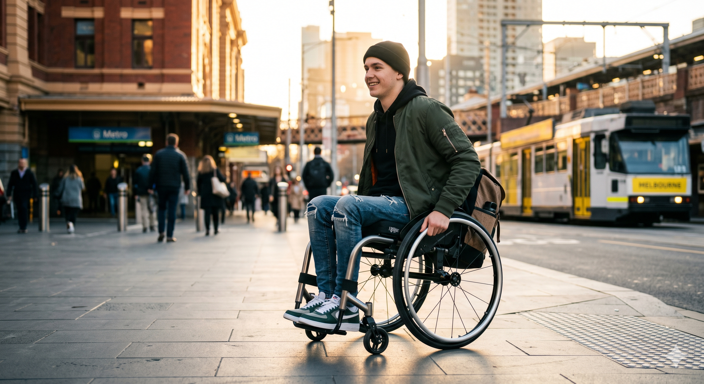 Young NDIS participant confidently navigating Melbourne independently